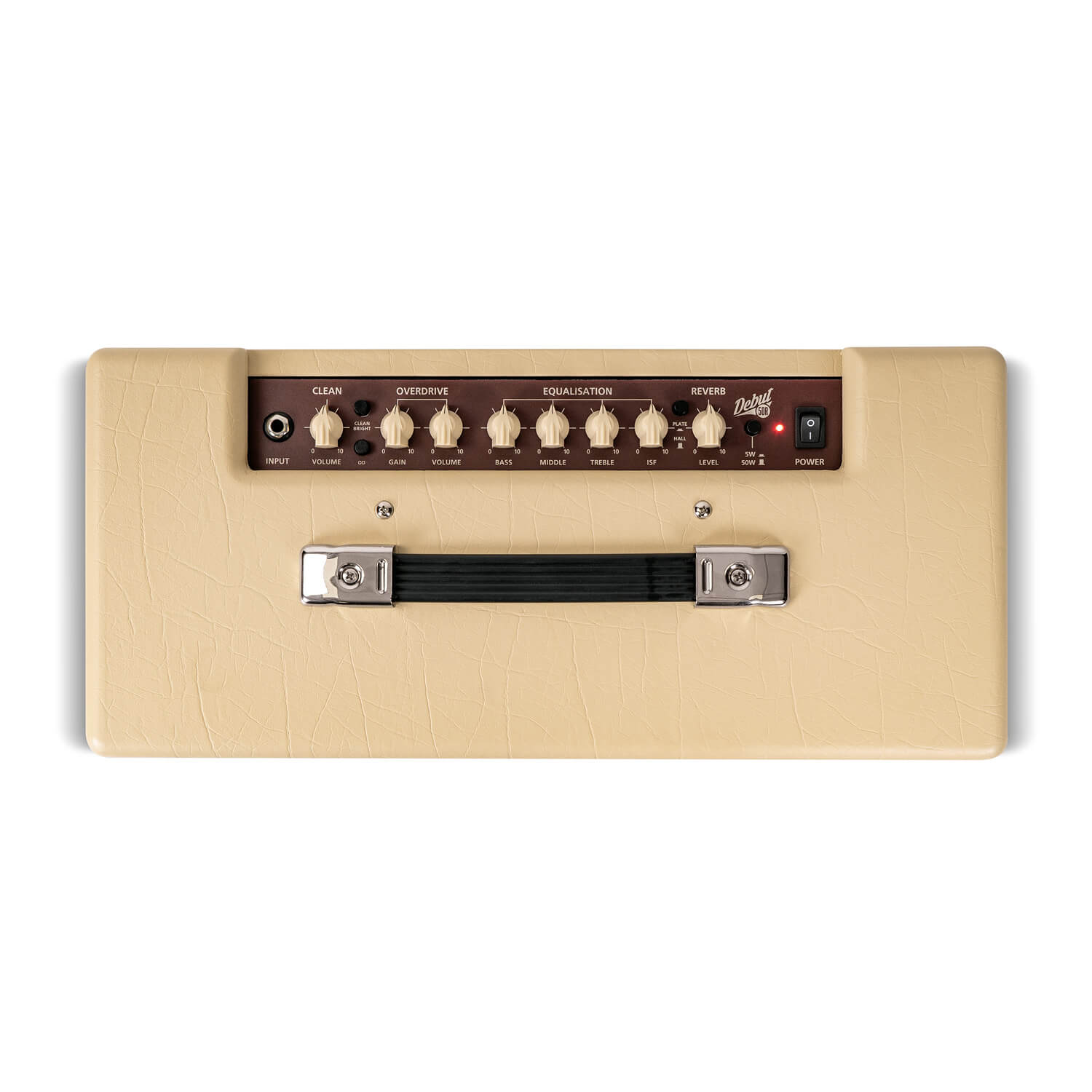 Beige amplifier top panel with eight control knobs, input jack, reverb, power switch, and a black carrying handle below the controls.