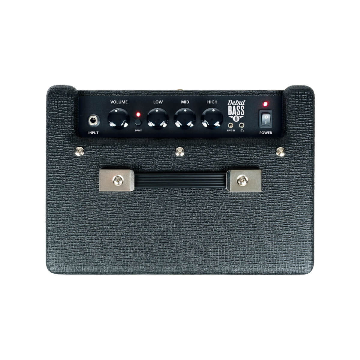 Black bass amplifier with a textured surface, control panel on top featuring five knobs, input jack, line in, power switch, and a carrying handle.