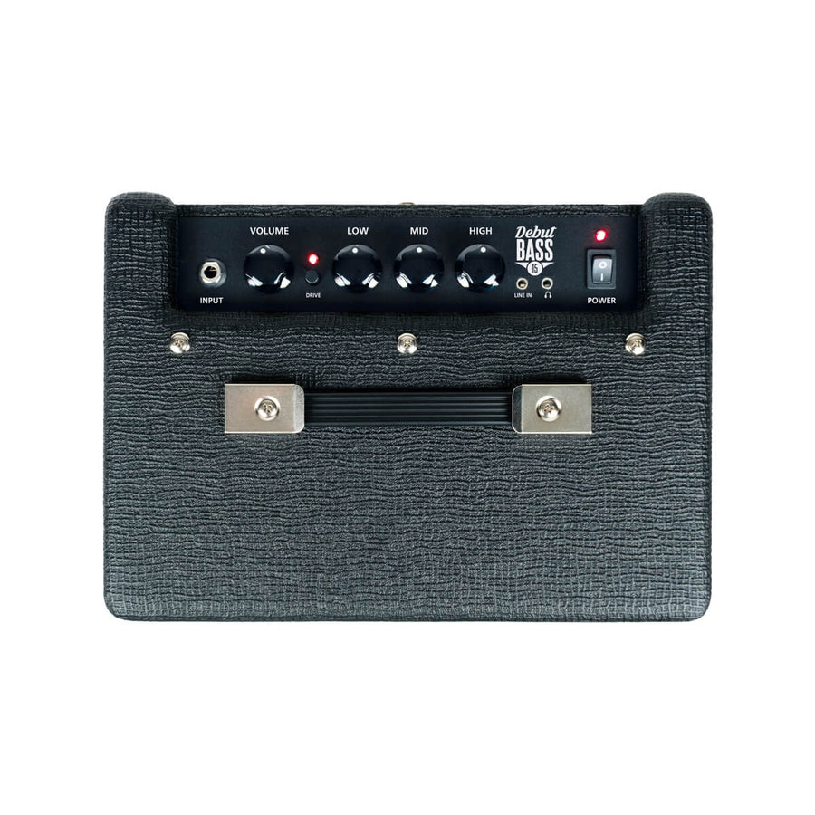 Black bass amplifier with a textured surface, control panel on top featuring five knobs, input jack, line in, power switch, and a carrying handle.