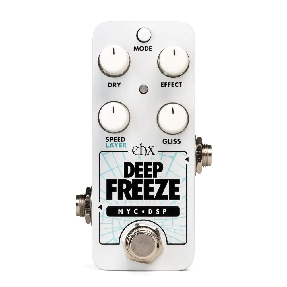 Electro-Harmonix Deep Freeze FX pedal with four knobs labeled Dry, Effect, Speed/Layer, Gliss, a Mode button, and a large footswitch at the bottom.