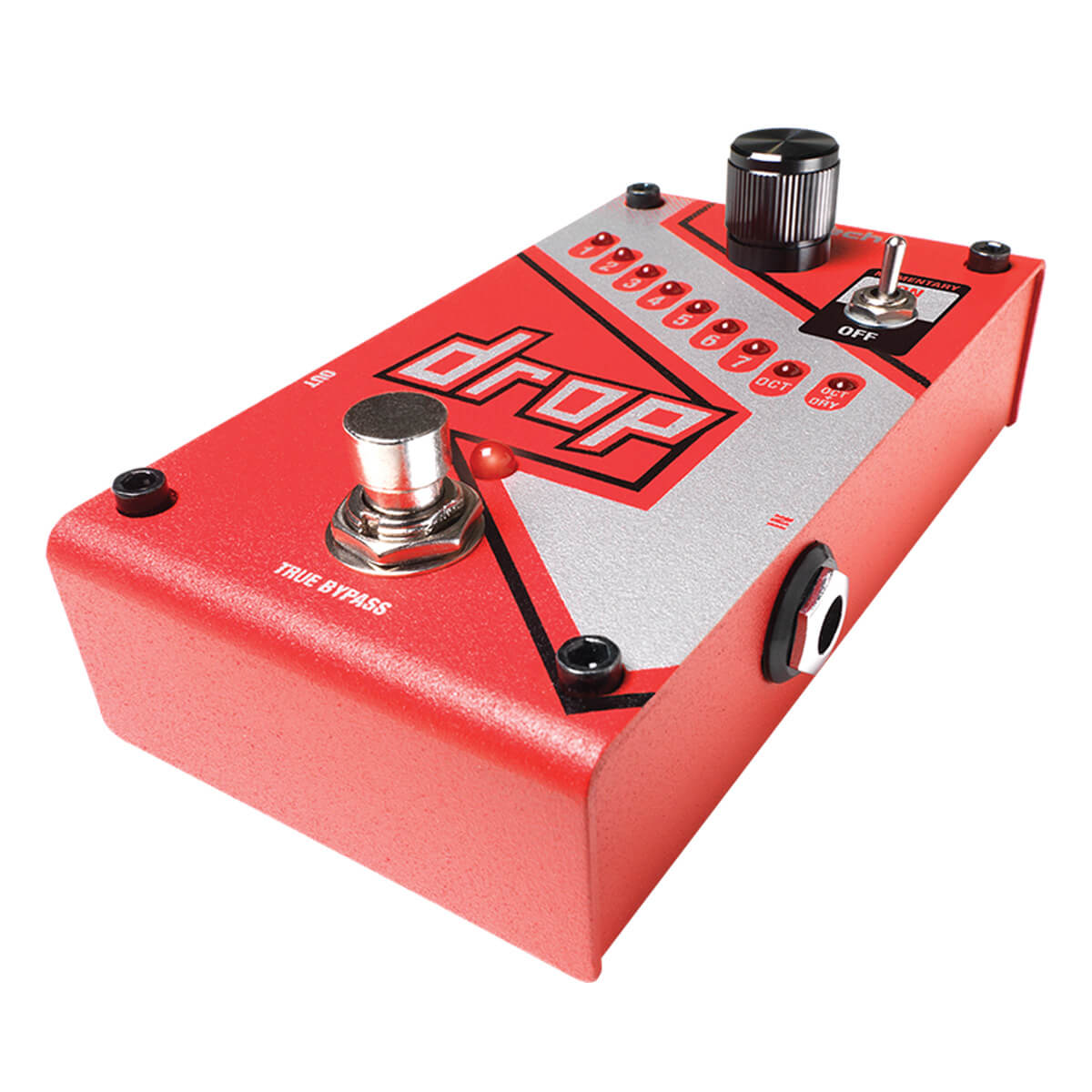 Red FX pedal labeled "drop" with a large footswitch, several small buttons, a black knob, toggle switch, and input/output jacks on the sides.