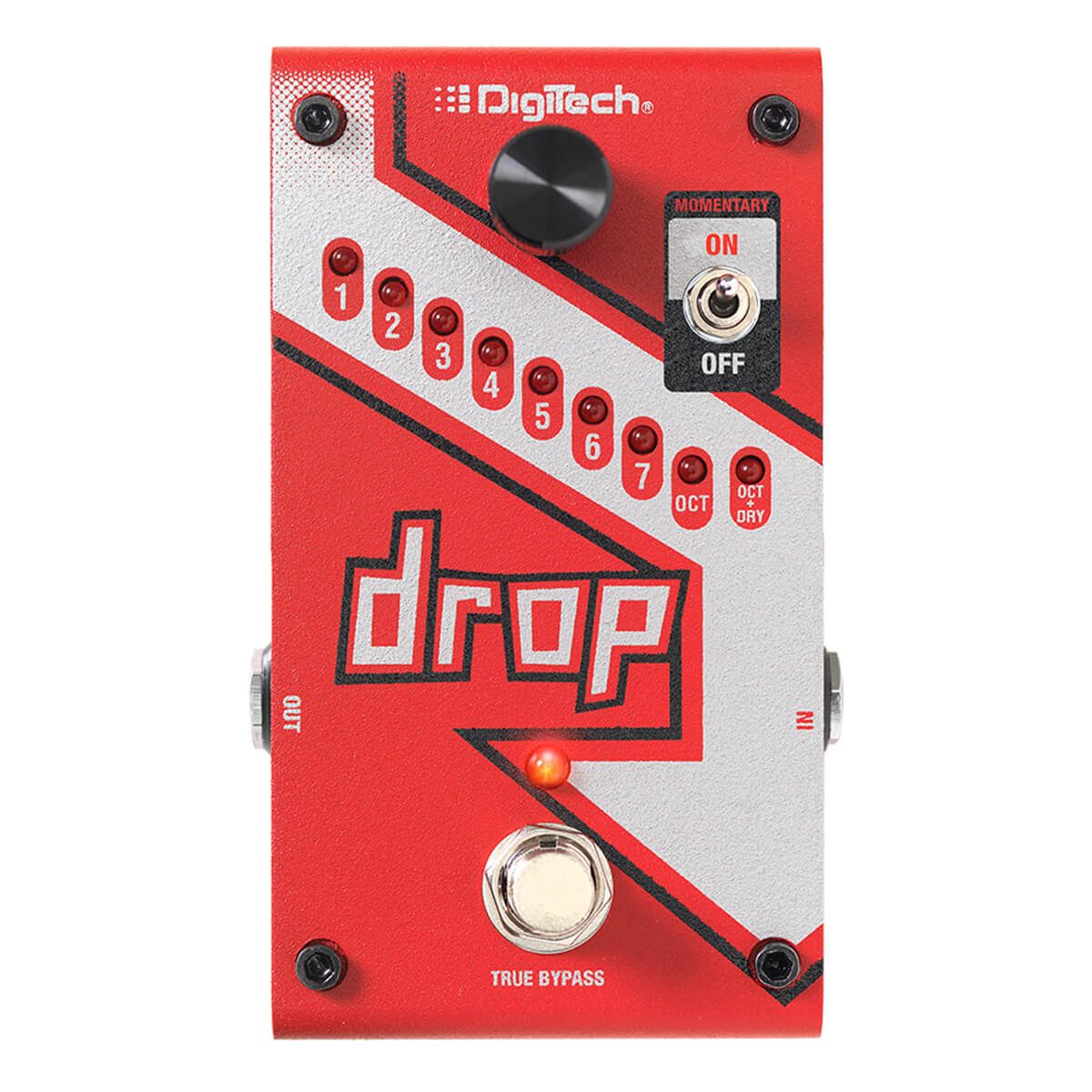 Red DigiTech Drop FX pedal with a black knob, 8 red LEDs labeled 1-7 and OCT, toggle switch for ON/OFF, and a large footswitch labeled TRUE BYPASS.