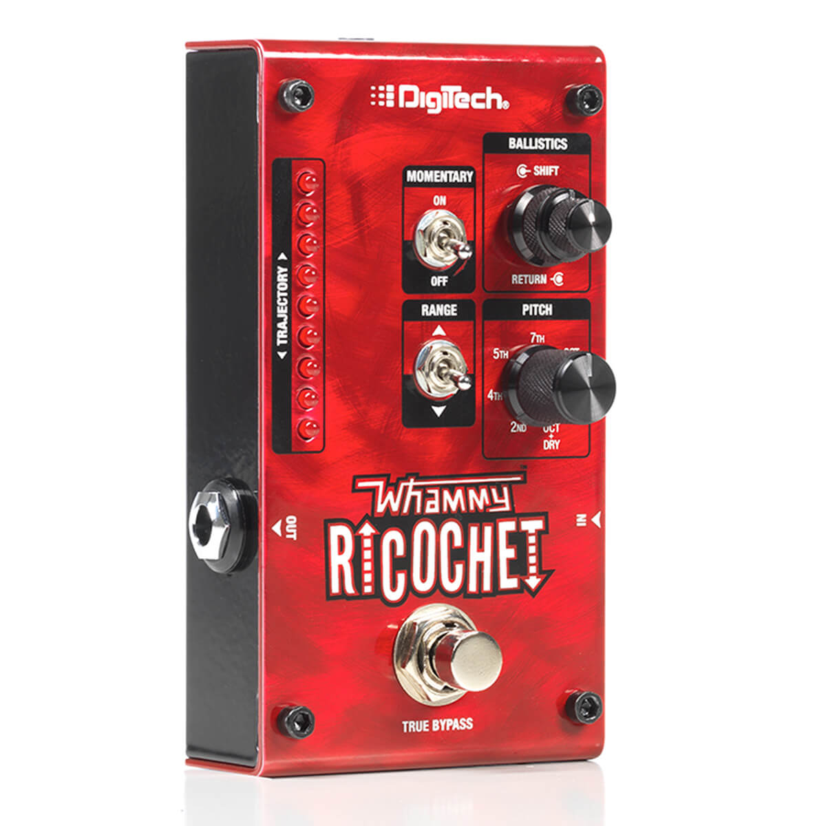 Red DigiTech Whammy Ricochet guitar effects pedal with two black knobs, two toggle switches, an LED strip, and a silver footswitch.