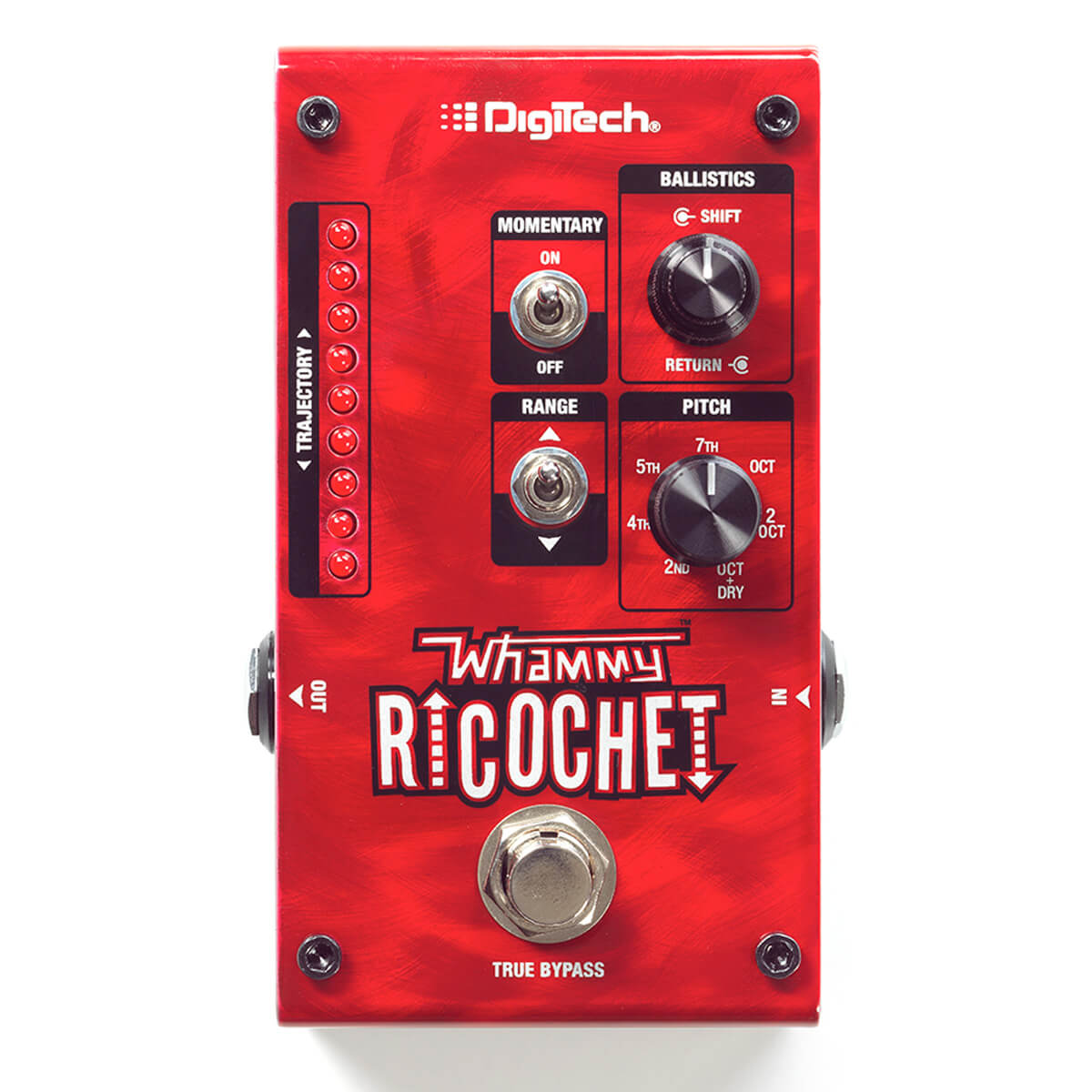 Red DigiTech Whammy Ricochet effects pedal with black knobs, toggle switches, LED indicator lights, and white labeling for pitch-shifting control.