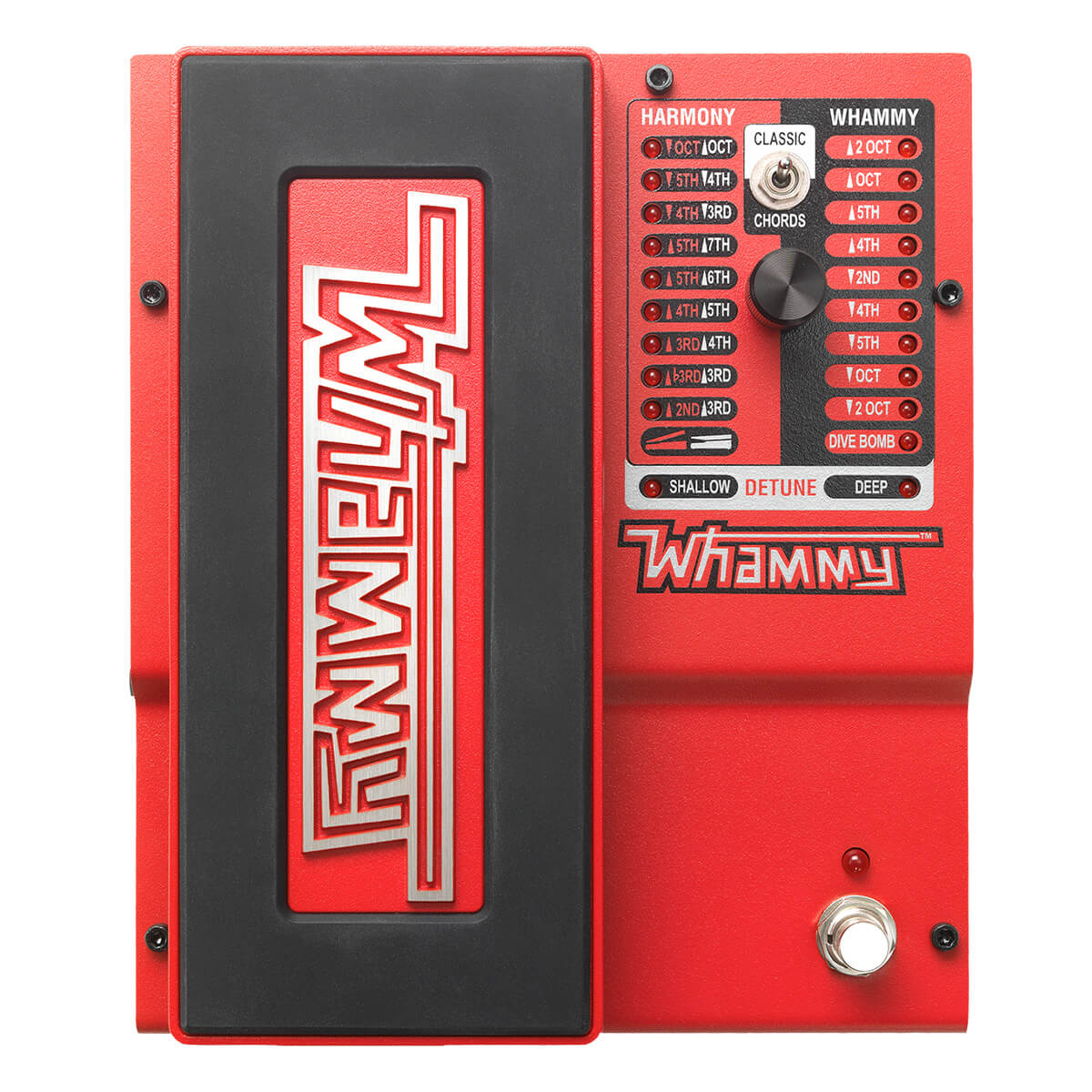 Red Whammy FX pedal with large black foot tread, labeled pitch shift and harmony options, a knob, and a silver footswitch on the lower right.