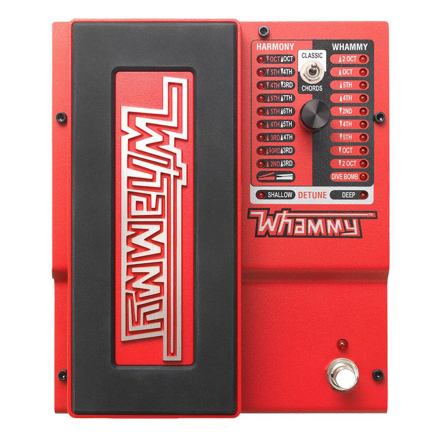 Red Whammy FX pedal with large black foot tread, labeled pitch shift and harmony options, a knob, and a silver footswitch on the lower right.