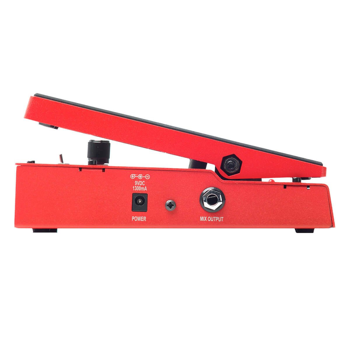 Red FX pedal with a slanted rocker footswitch, power input, mix output jack, and one control knob visible on the left side.