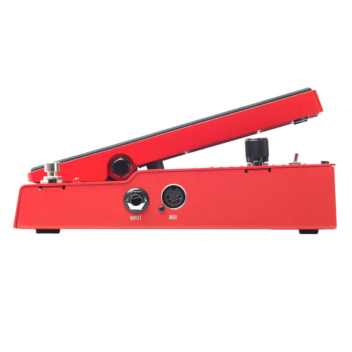 Red FX pedal with a slanted treadle, input and MIDI ports on the side, and a black control knob on top.