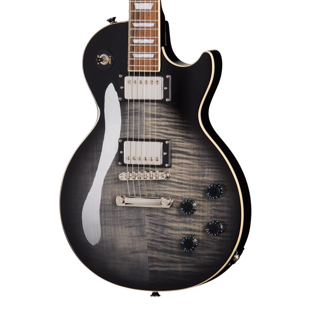 Electric guitar with a dark gray sunburst finish, two pickups, four black control knobs, and cream-colored binding along the body edge.