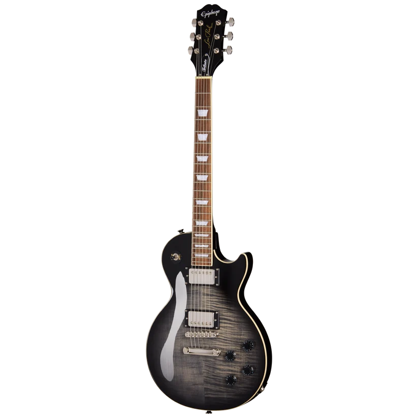 Epiphone Les Paul style electric guitar with a black-to-grey sunburst finish, two humbucker pickups, four control knobs, and inlaid fret markers.