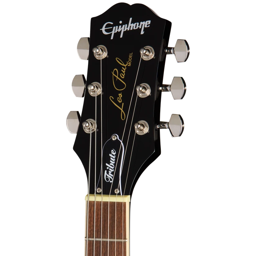 Epiphone Les Paul electric guitar headstock with six tuning pegs, black finish, and "Tribute" truss rod cover.