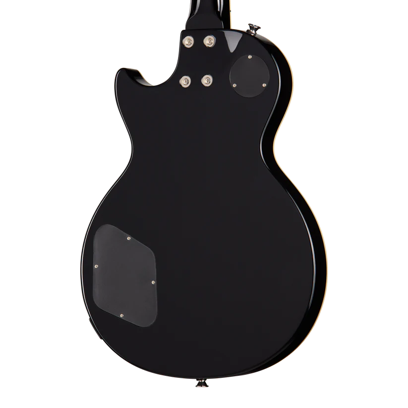 Glossy black electric guitar back with two plastic access plates and silver screws, single cutaway shape with smooth edges.