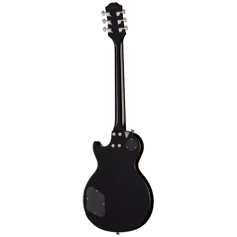 Glossy black electric guitar shown from the back, with round body, bolt-on neck, and visible electronics covers on the body.