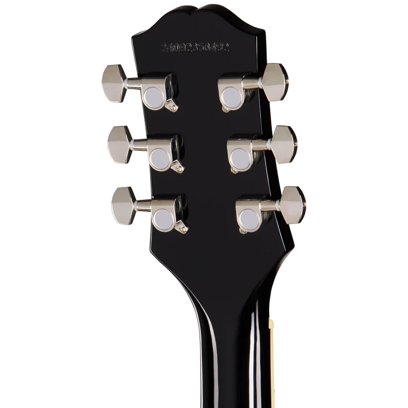 Back of an electric guitar headstock showing six silver tuning pegs on a glossy black surface.