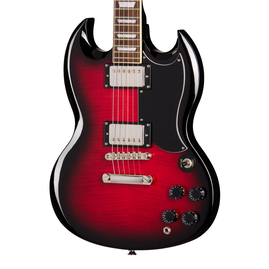 Red and black electric guitar with a double-cutaway body, dual chrome humbucker pickups, four black control knobs, and a three-way selector switch.
