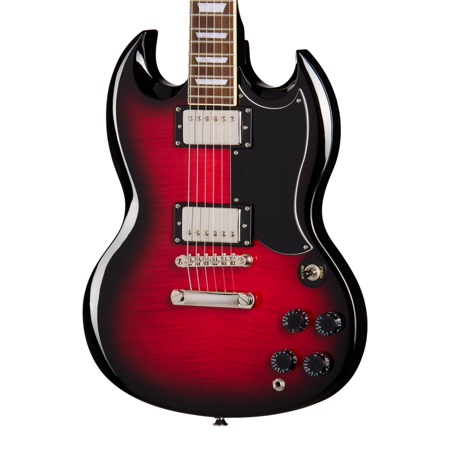 Red and black electric guitar with a double-cutaway body, dual chrome humbucker pickups, four black control knobs, and a three-way selector switch.