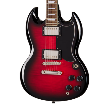 Red and black electric guitar with a double-cutaway body, dual chrome humbucker pickups, four black control knobs, and a three-way selector switch.