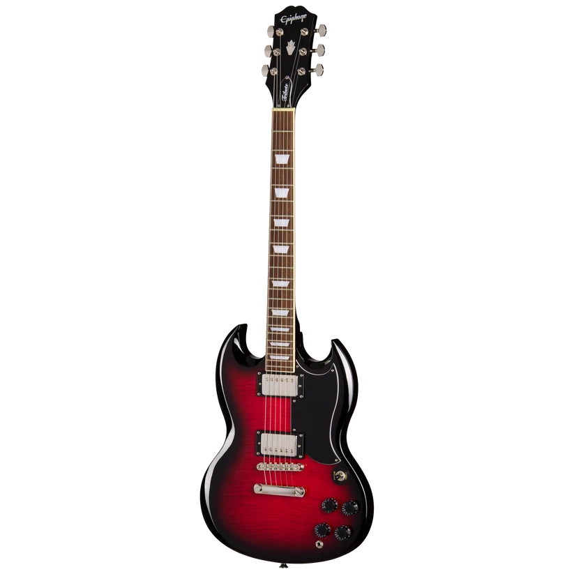 Red and black double-cutaway electric guitar with two humbucker pickups, four black control knobs, and a black pickguard.