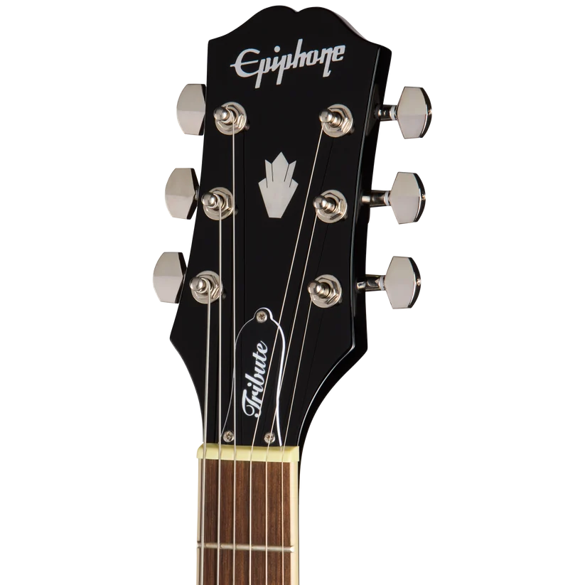 Epiphone electric guitar headstock with six tuning pegs, "Epiphone" logo, and "Tribute" in script on a black background.