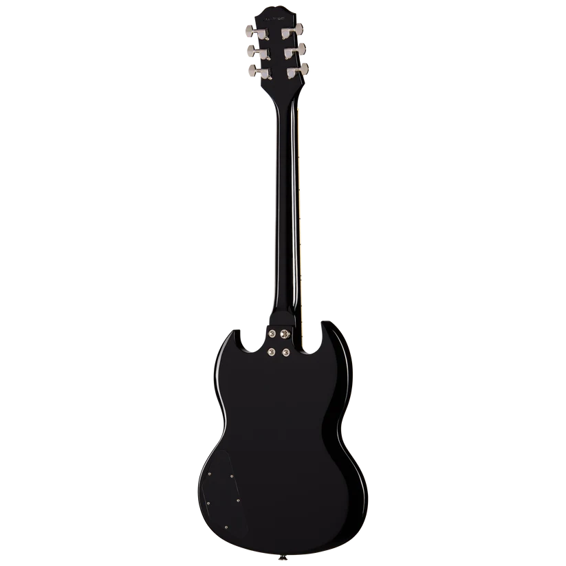 Glossy black electric guitar seen from the back, featuring a double cutaway body and six tuning pegs on the headstock.