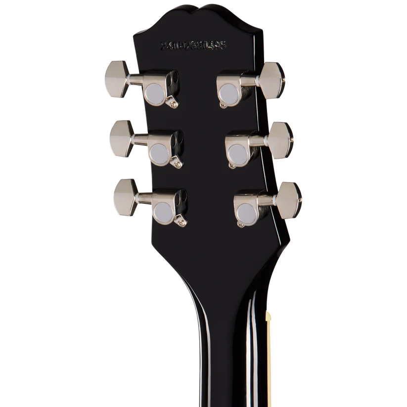 Back of an electric guitar headstock showing six chrome tuning pegs, three on each side, on a glossy black finish.