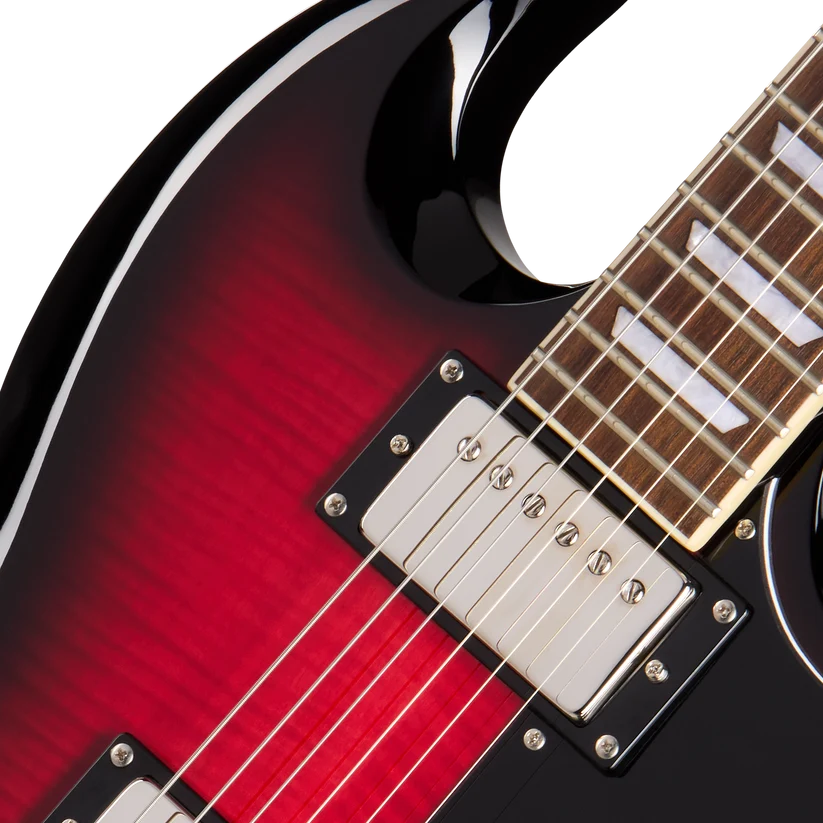 Red and black electric guitar body with two chrome pickups, six strings, and a rosewood fretboard with pearloid inlays.