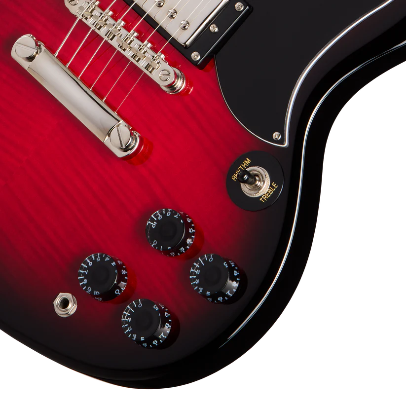 Red and black electric guitar body showing four black control knobs, chrome bridge, toggle switch labeled Rhythm/Treble, and a black pickguard edge.