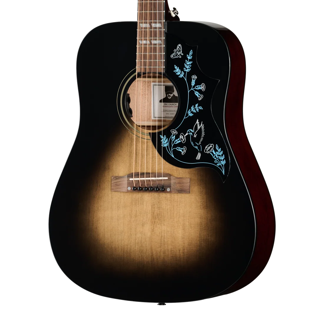 Sunburst-finish acoustic guitar with a black pickguard decorated with light blue outlines of flowers, leaves, a butterfly, and a bird.