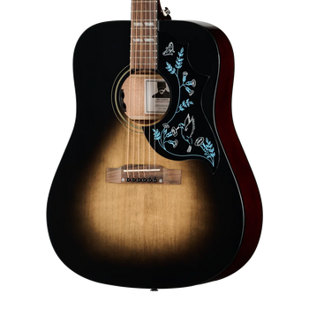 Sunburst-finish acoustic guitar with a black pickguard decorated with light blue outlines of flowers, leaves, a butterfly, and a bird.