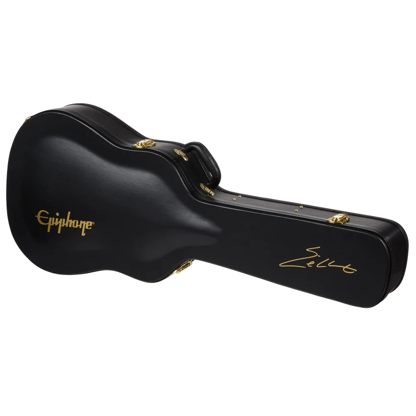 Black hard acoustic guitar case with gold Epiphone logo and signature, secured by gold latches and featuring a sturdy handle for carrying.
