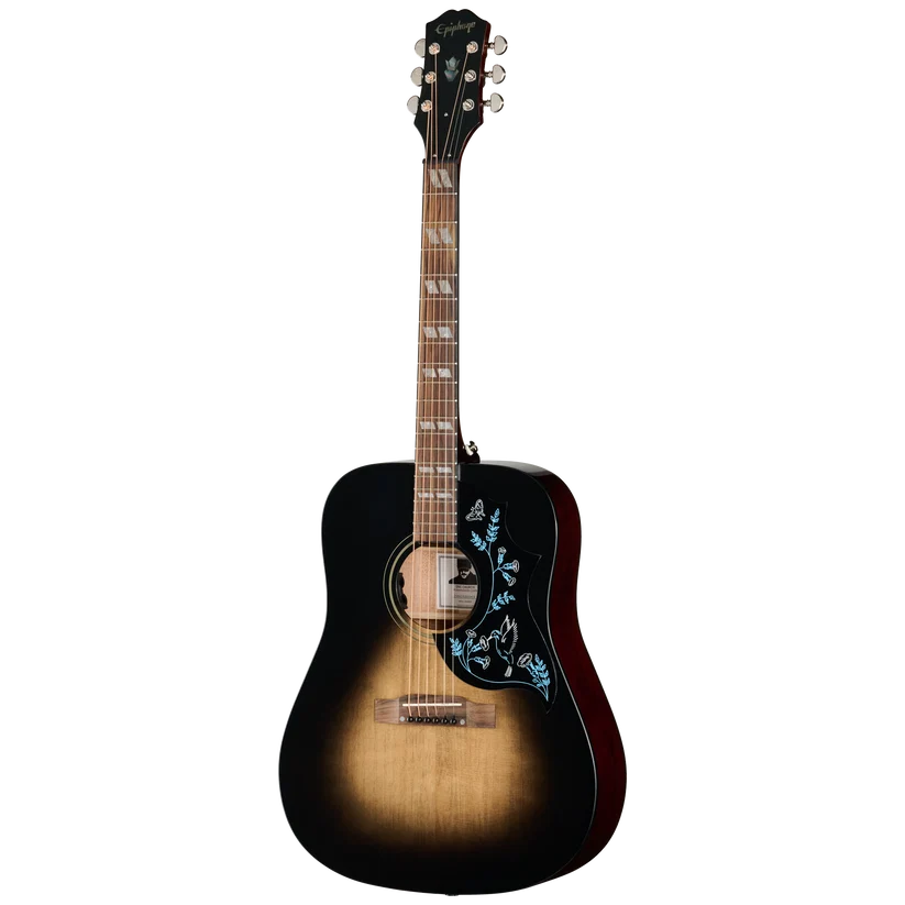 Sunburst acoustic guitar with six strings, a black pickguard featuring white floral and bird designs, and a light wood fingerboard.