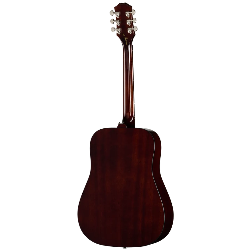 Rear view of a dark brown acoustic guitar with a glossy finish, silver tuning pegs, and a classic dreadnought body shape.