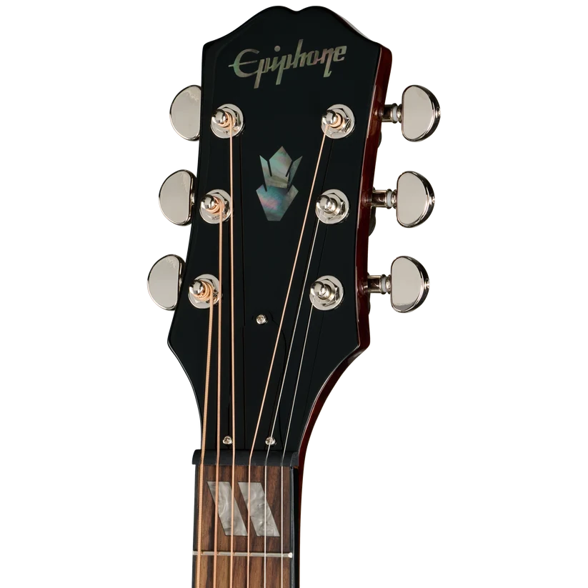 Epiphone acoustic guitar headstock with six tuning pegs, pearl inlay, and logo on a black background.