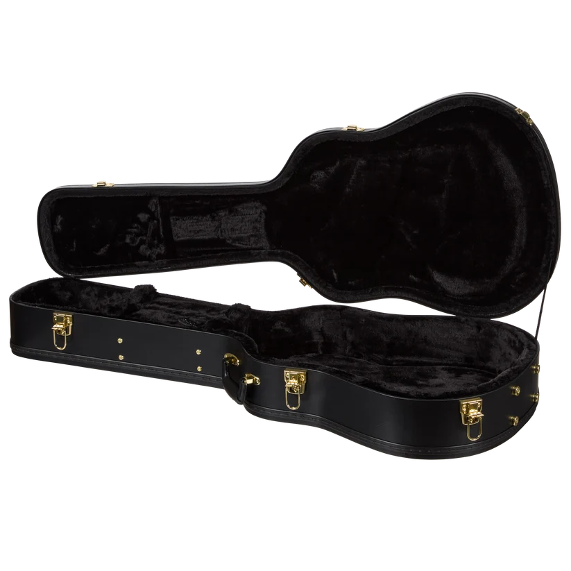 Black hard-shell acoustic guitar case open, lined with plush black material and secured with gold latches.