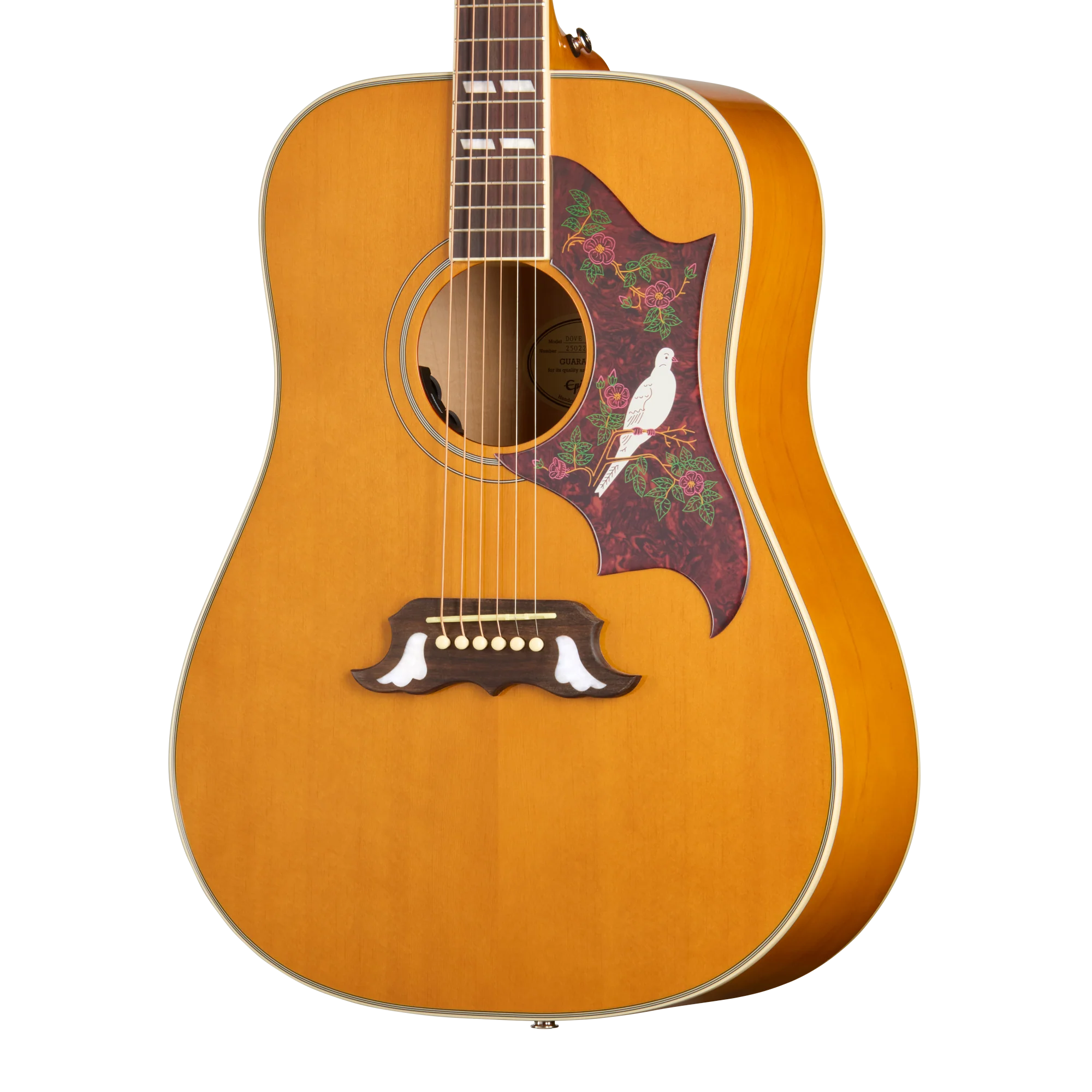 Guitare acoustique en bois clair, pickguard décoré d’un oiseau blanc et de fleurs rouges, chevalet en bois foncé avec incrustations blanches.