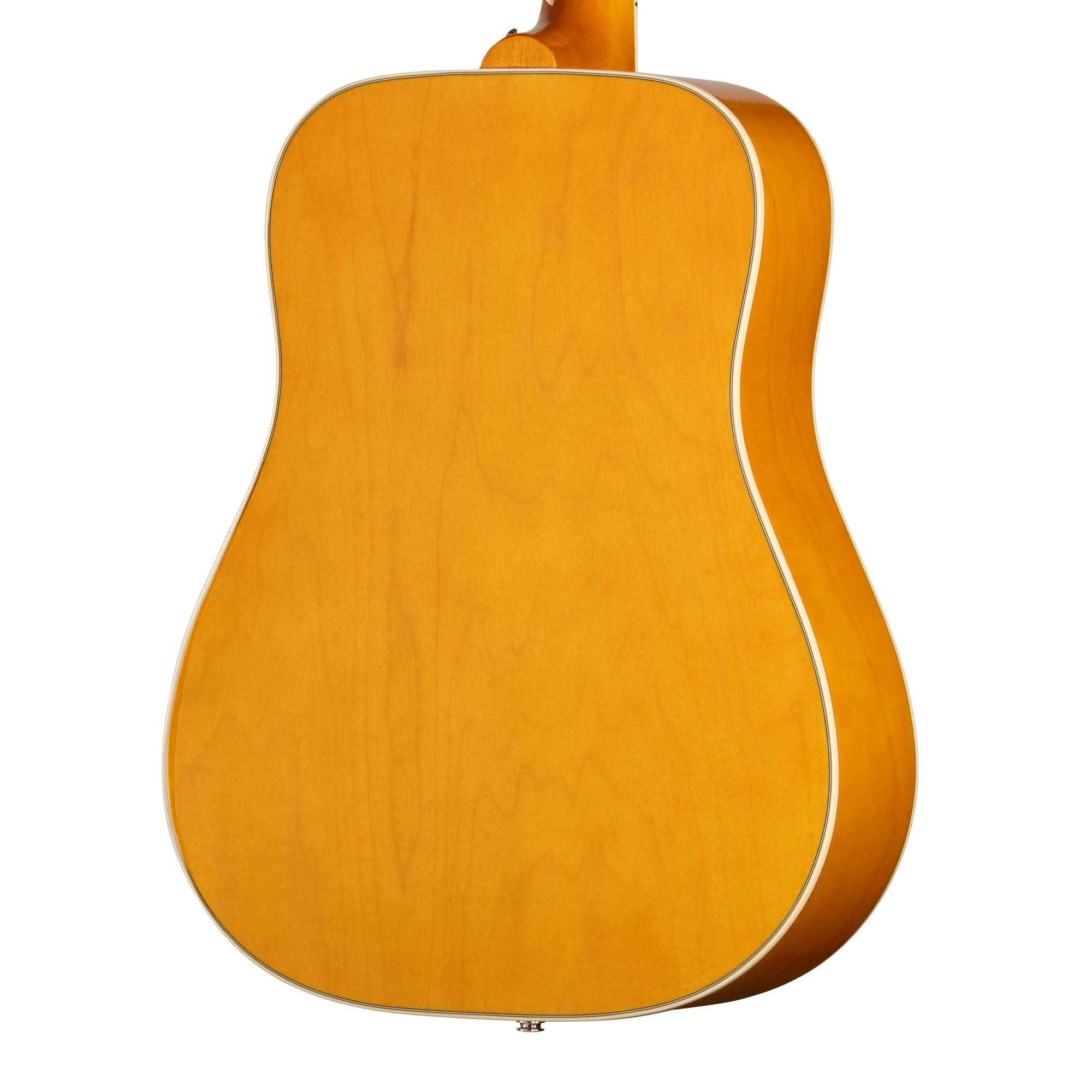 Dos d’une guitare acoustique, finition bois clair avec un liseré blanc sur le bord, surface lisse sans décorations ni motifs visibles.