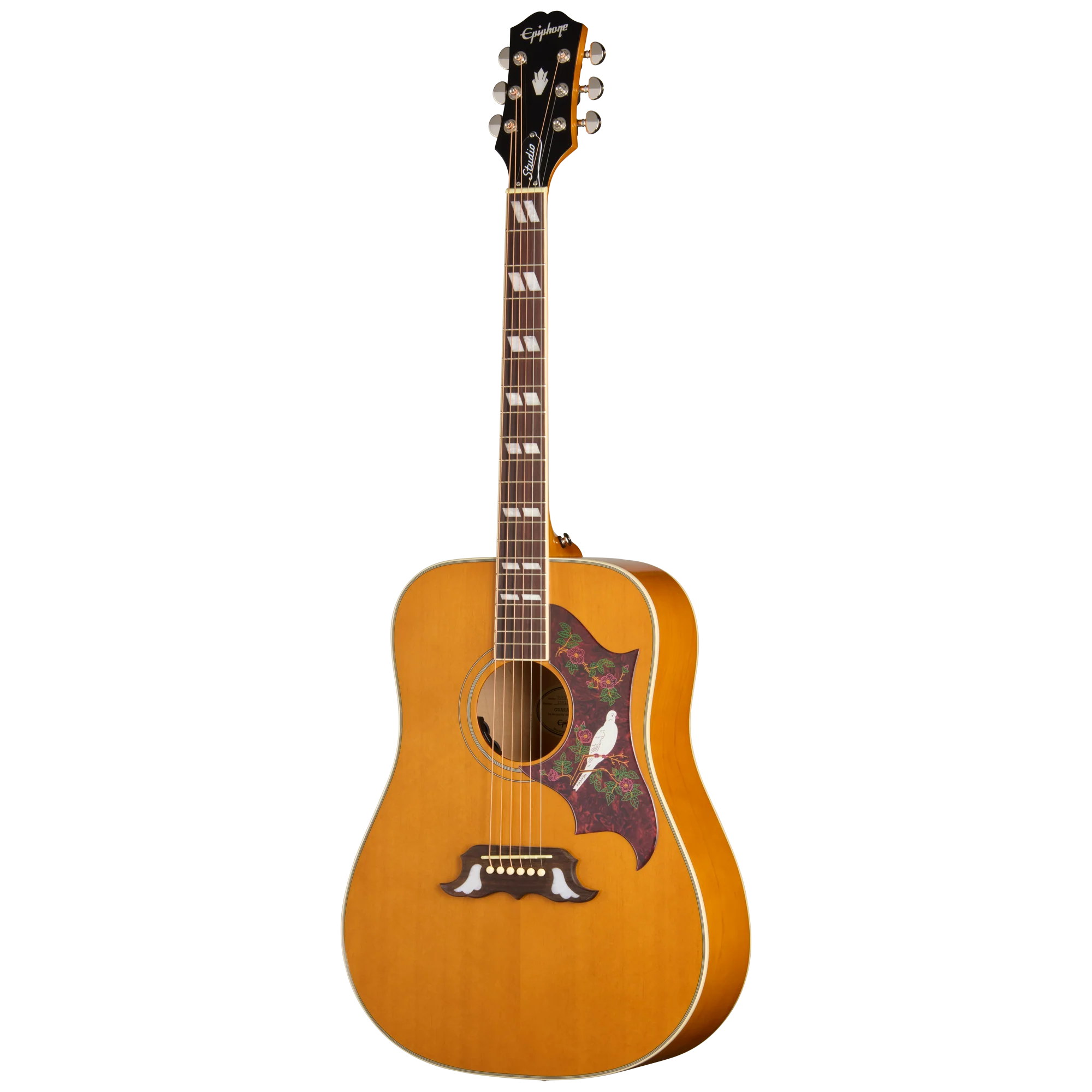 Guitare acoustique en bois clair avec pickguard marron décoré d’un oiseau blanc et de motifs floraux, forme dreadnought.