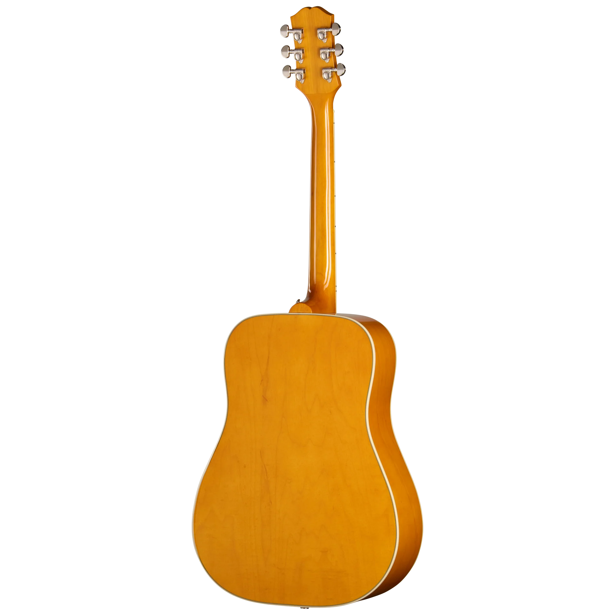 Guitare acoustique couleur bois clair vue de dos, corps à épaule carrée, six mécaniques argentées sur la tête, filet blanc autour du corps.