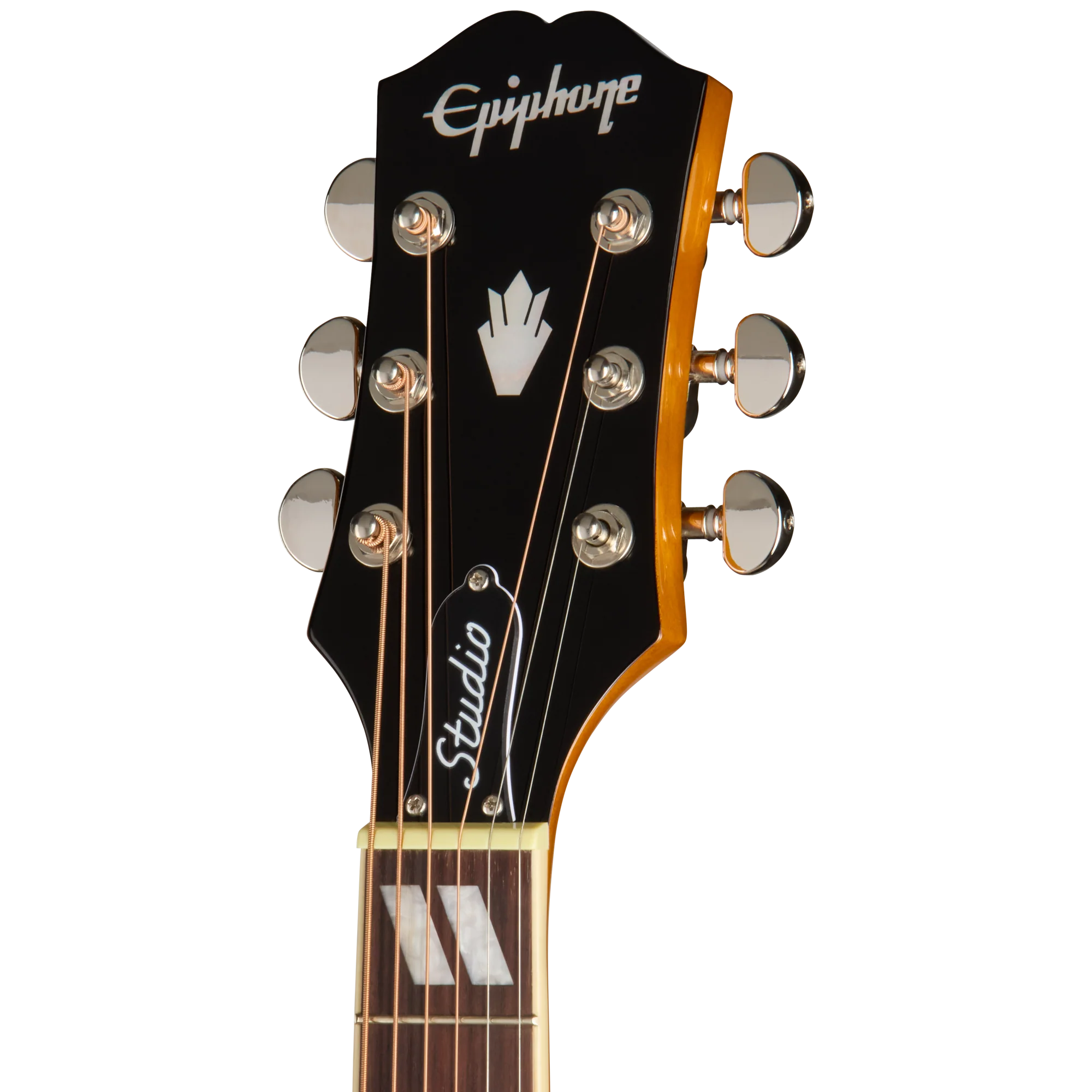 Tête de guitare acoustique Epiphone noire, six mécaniques argentées, logo Epiphone en haut, incrustations blanches, bord jaune.