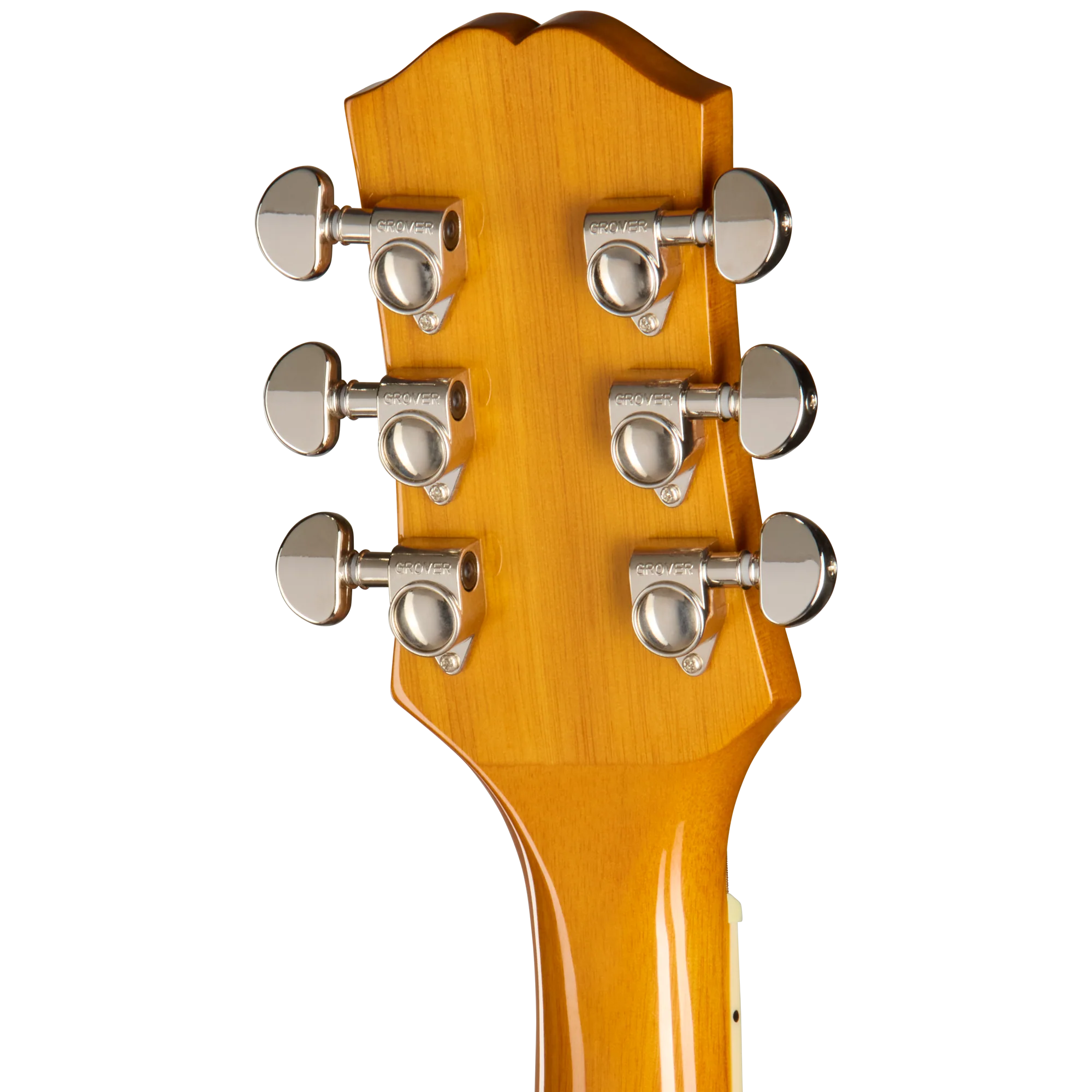 Tête de guitare acoustique en bois clair avec six mécaniques chromées alignées en trois rangées de chaque côté.