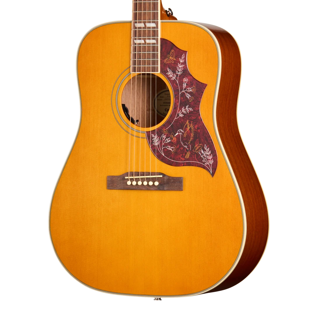 Guitare acoustique à caisse jaune clair, pickguard rouge décoré de dessins d’oiseaux et de feuilles blanches, six cordes, forme dreadnought.
