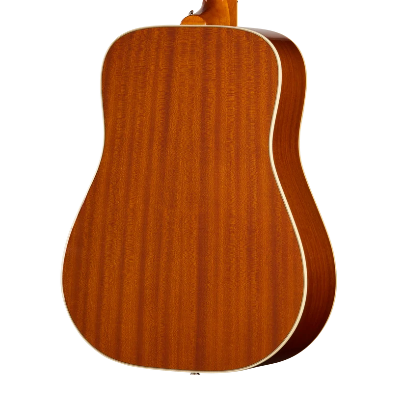 Dos d’une guitare acoustique en bois brun, finition lisse, contours clairs et grain du bois bien visible.