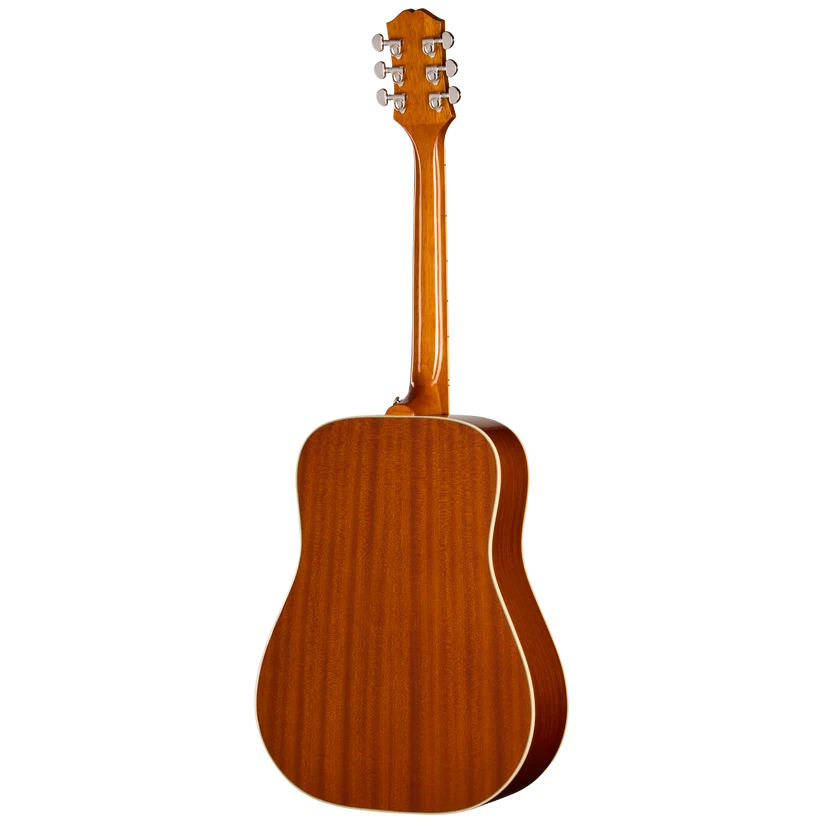 Guitare acoustique vue de dos, bois verni marron clair, forme large et arrondie avec éclisses et dos soulignés d’un filet clair. Six mécaniques argentées.