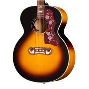Sunburst acoustic guitar with a red floral pickguard and an ornate wooden bridge, featuring six strings and pearl inlays on the fretboard.