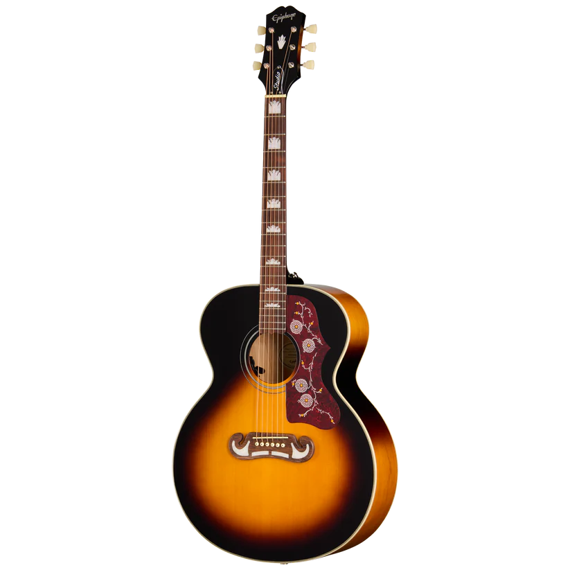 Sunburst acoustic guitar with a large body, ornate pickguard featuring floral designs, pearl inlays on the fretboard, and gold tuning pegs.