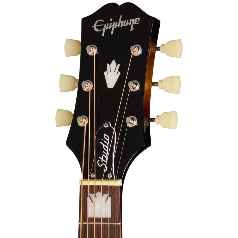 Black Epiphone acoustic guitar headstock with six cream tuning pegs, pearl inlays, and "Studio" written in white script.