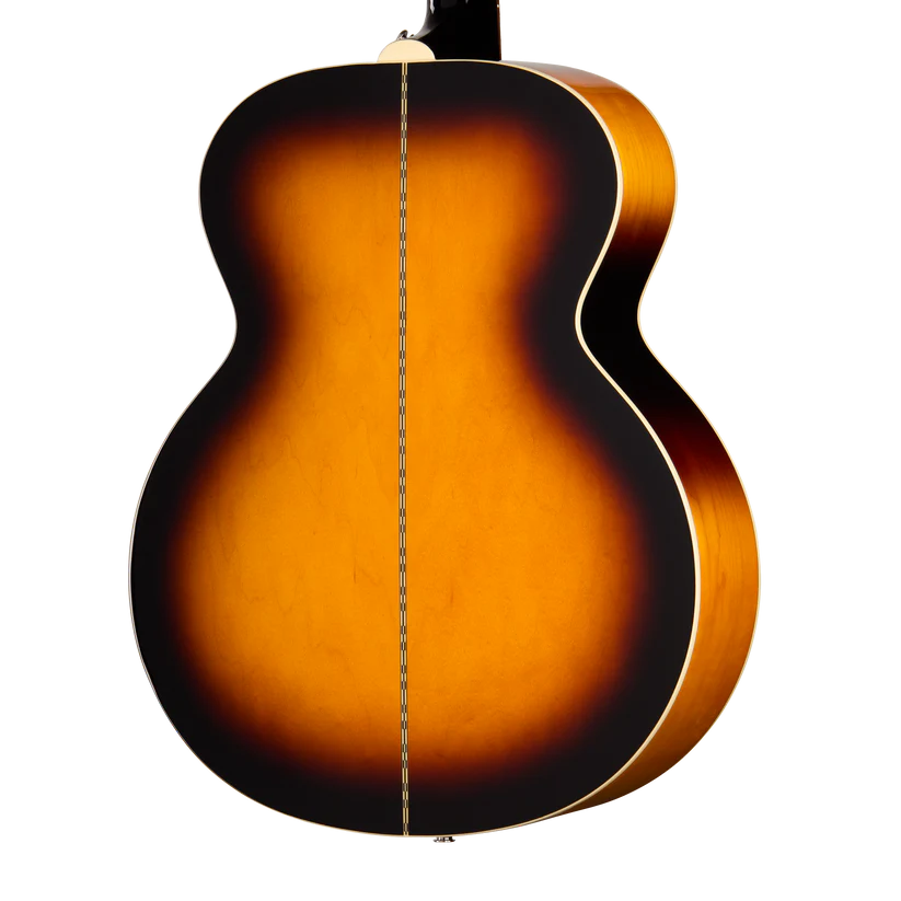 Sunburst-finish acoustic guitar back with a thin center stripe, curvy body shape, dark edges fading to golden brown center.