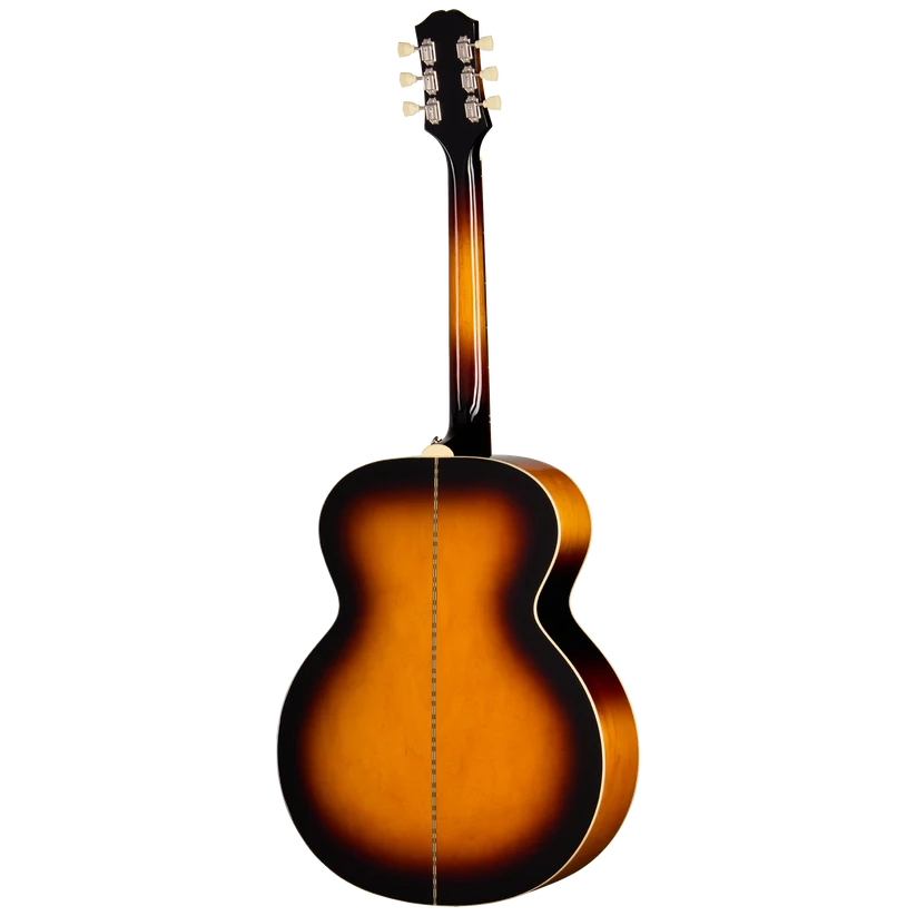 Acoustic guitar back view, glossy sunburst finish fading from deep brown on the edges to amber in the center, vertical seam runs down the middle.