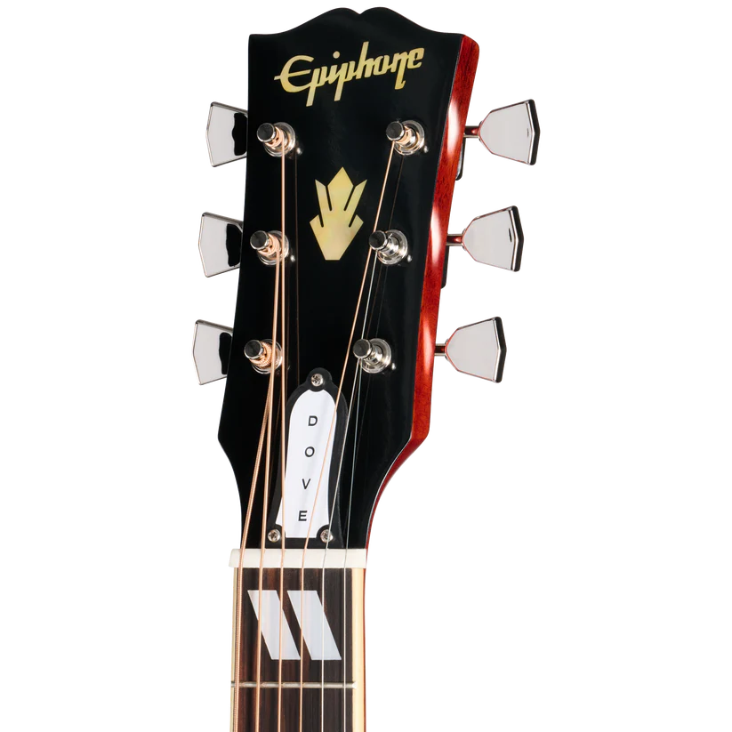 Epiphone acoustic guitar headstock with gold logo, six tuning pegs, decorative inlay, and “DOVE” written vertically on a truss rod cover.
