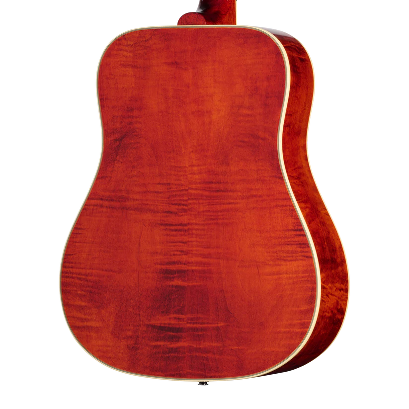 Back view of an acoustic guitar showing a glossy, reddish wood with visible grain patterns and cream binding around the edges.
